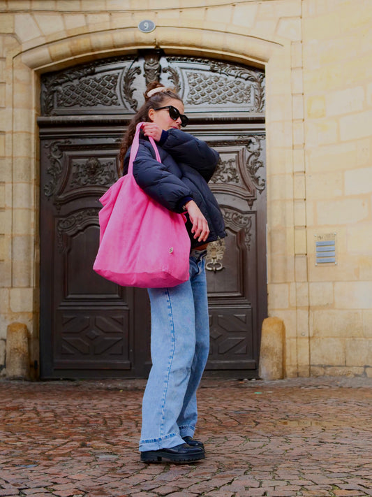 grand cabas rose en éponge biologique, avec fermeture éclaire verte