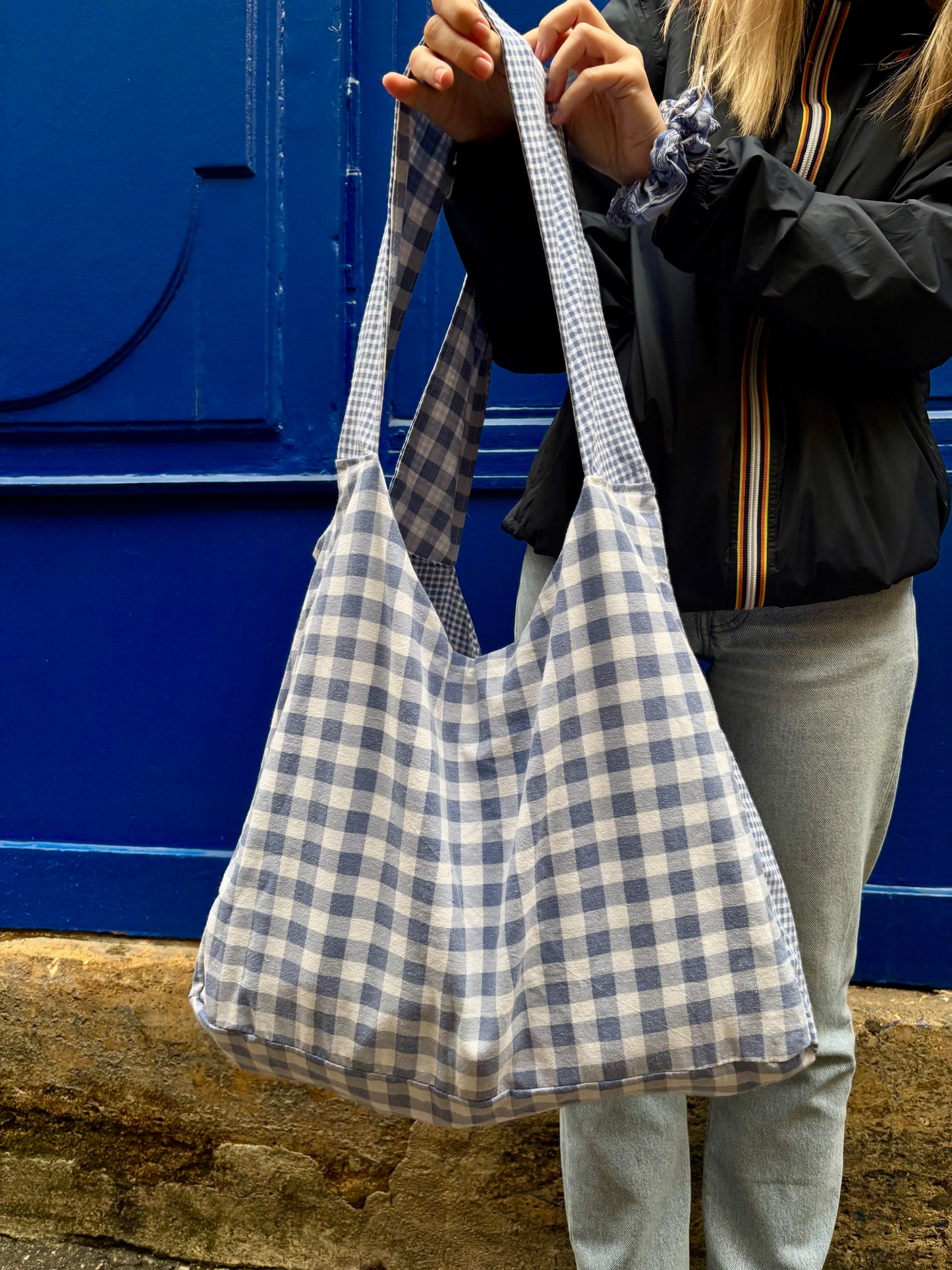 sac en tissu revalorié, vichy bleu et blanc
